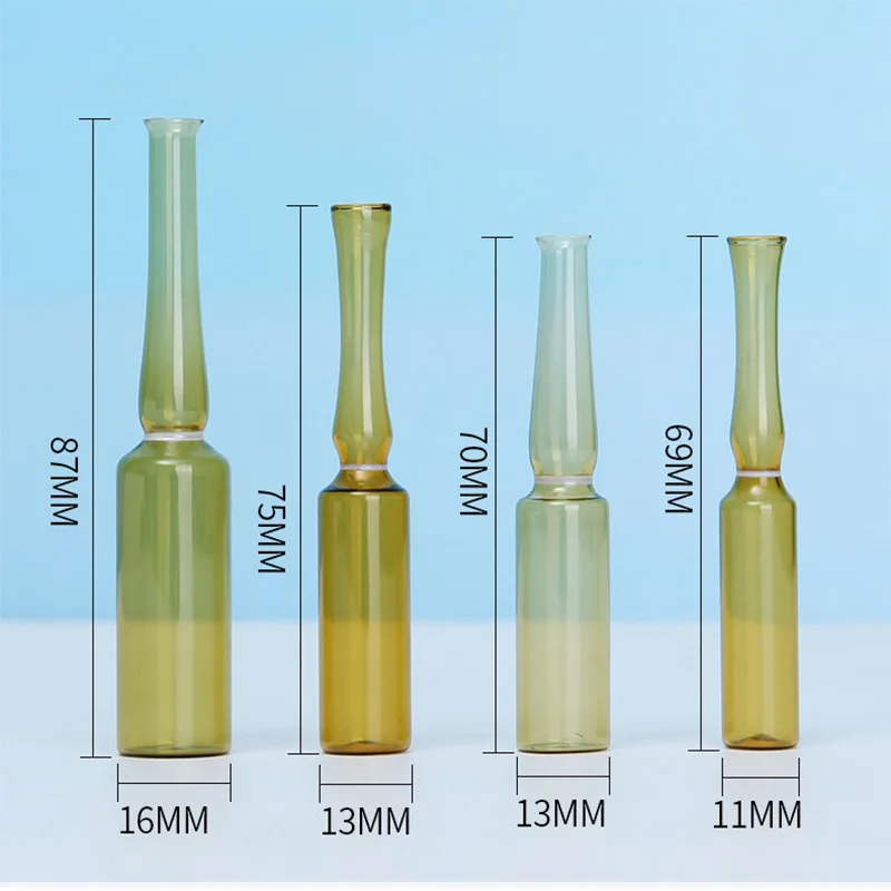 랩 투명 다크 브라운 유리 유연한 앰플 병, 곡선 목 앰플, 액체 약 병, 1 ml, 2 ml, 5 ml, 10 ml, 20ml