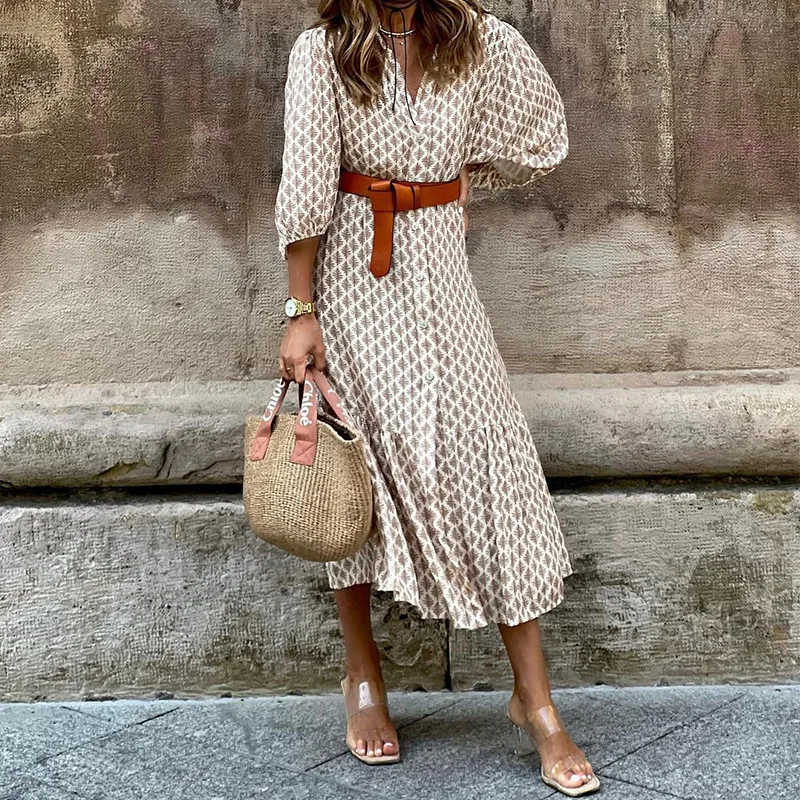 2025 Women's Autumn Winter Elegant Casual V-Neck Pullover Belt Printed Bubble Sleeves Slim Fit Medium Length Dress With Belt 2