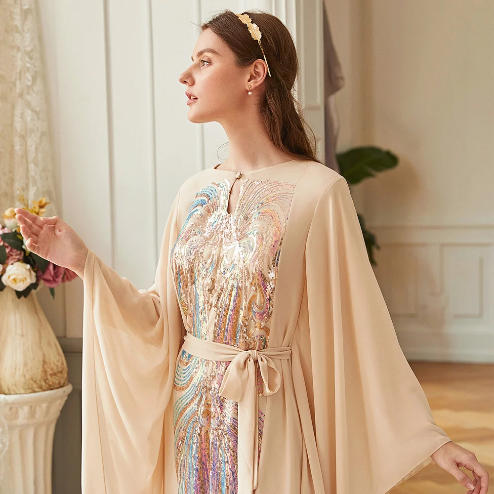 

Kaftan Caftan Dress Beige Butterfly Sleeve Dress Arab Long Women's Dress Fashion Lace-up Turkish Dubai 2022 Women Dress Female