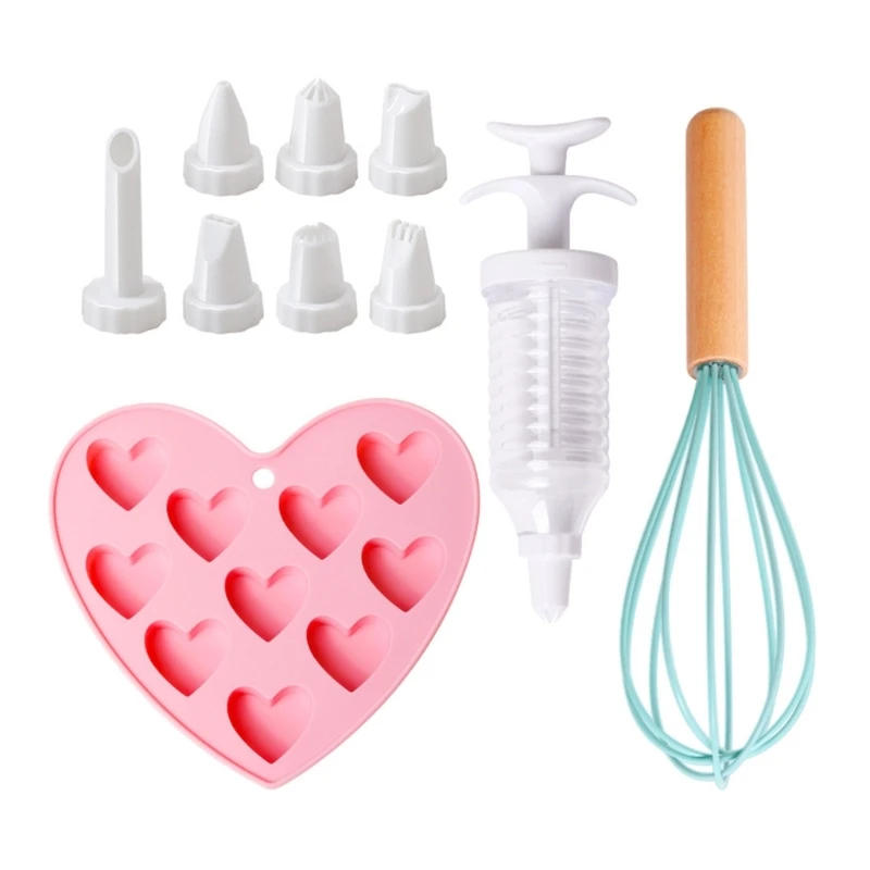 

Kids Baking Set Heart Silicone Mold Dessert Decorating Syringes Handheld Whisk Dropship