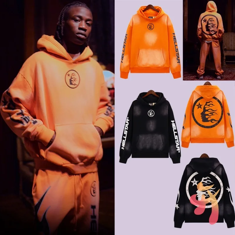 

Orange Hellstar Hoodies High Street Casual Loose Wash Do Old Letters Print Sweatshirt Women Men Sweatpants Spots Tracksuit