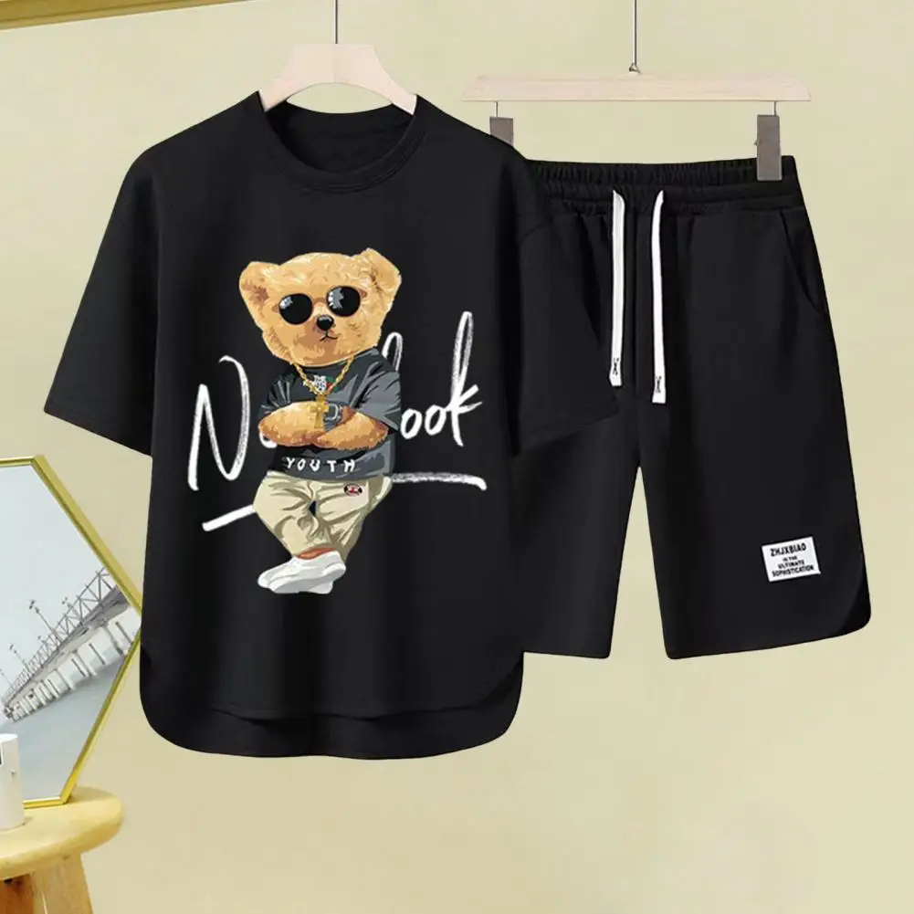 

Bear Print T-shirt Set Men's Summer Cartoon Bear Print Tracksuit Set With Short Sleeve T-shirt Elastic Waist For Sportswear