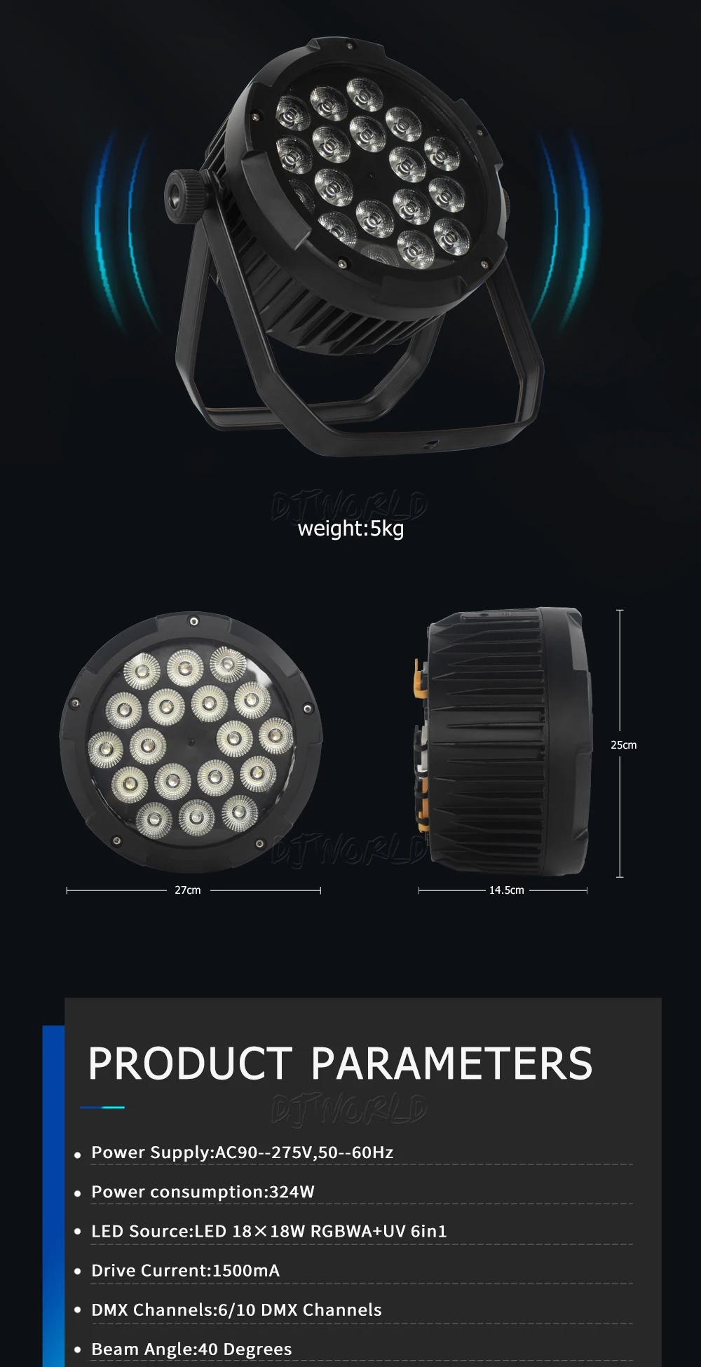 Description Picture 5 of item2/4pcs Waterproof LED 18X18W RGBWA+UV Flat Par Lights Colour Mixing Flash IP65 Outdoor Stage Show Wedding Party DJ Disco Bar