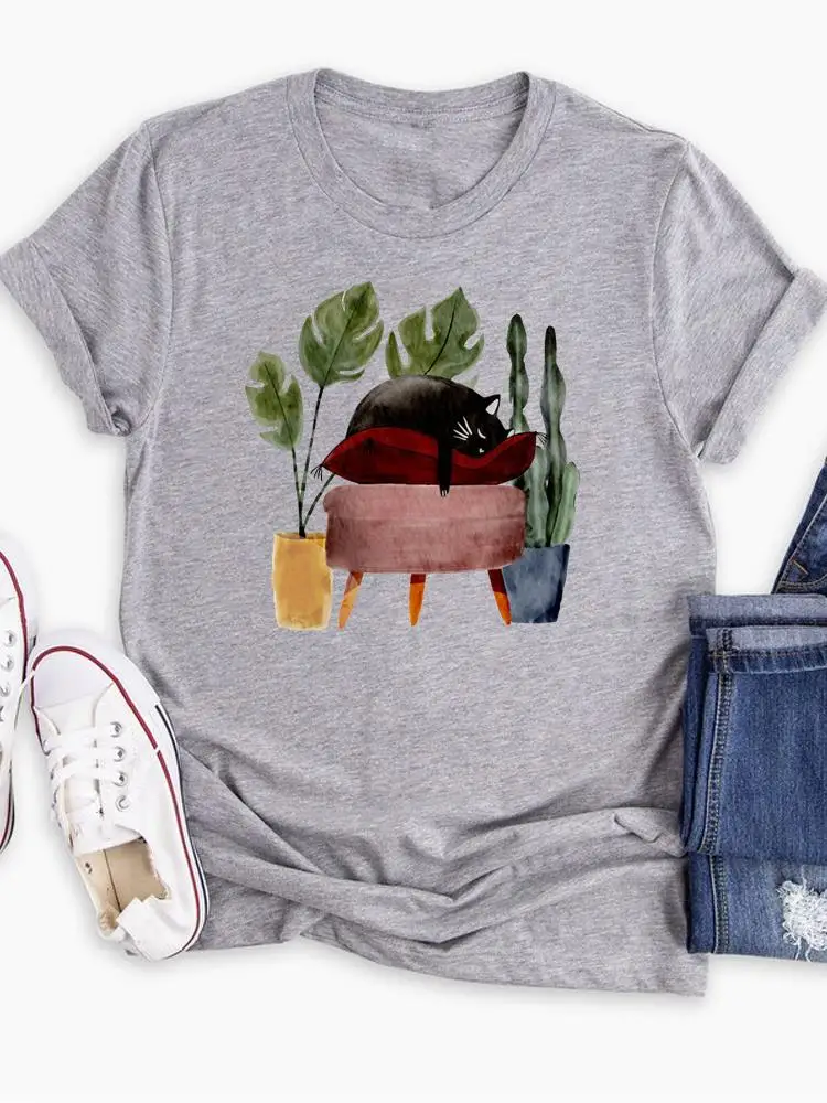 

Женская футболка с мультяшным принтом, летняя повседневная футболка с рисунком кошки, акварелью