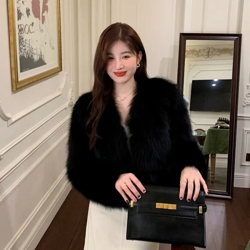 Faux Fox Fur Coat Women Winter Fluffy Jacket Warm Crop Top Korean Chic Long Sleeve Jacket Party Club Fur Coats New