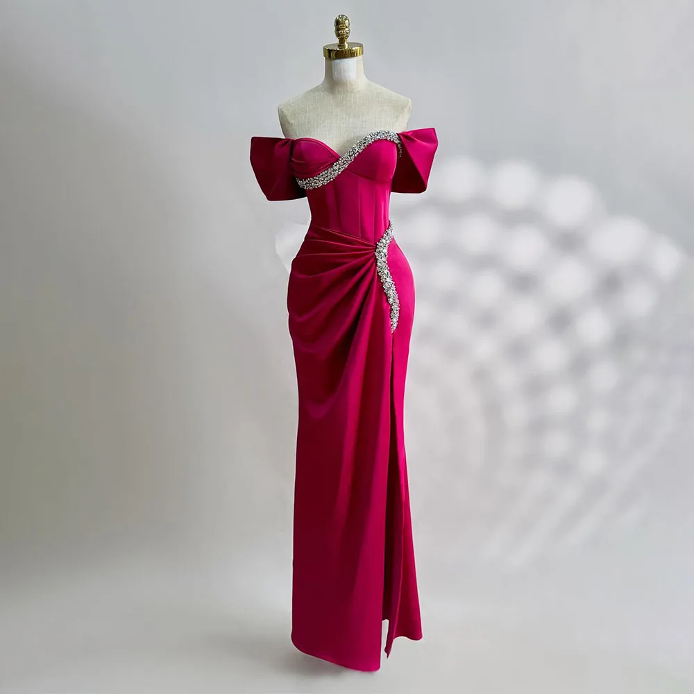 Fuchsia Prom Dress Off the Shoulder Crystals Sweetheart Column Prom Gowns for Women 2024 Floor Length Ruched Formal Party Dress
