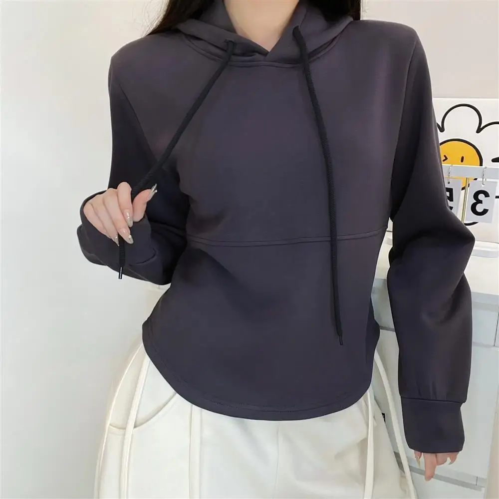 Autumn Solid Colors Drawstring Hooded Neck Hoodies Long Sleeve Casual Sweatshirt Women Tops