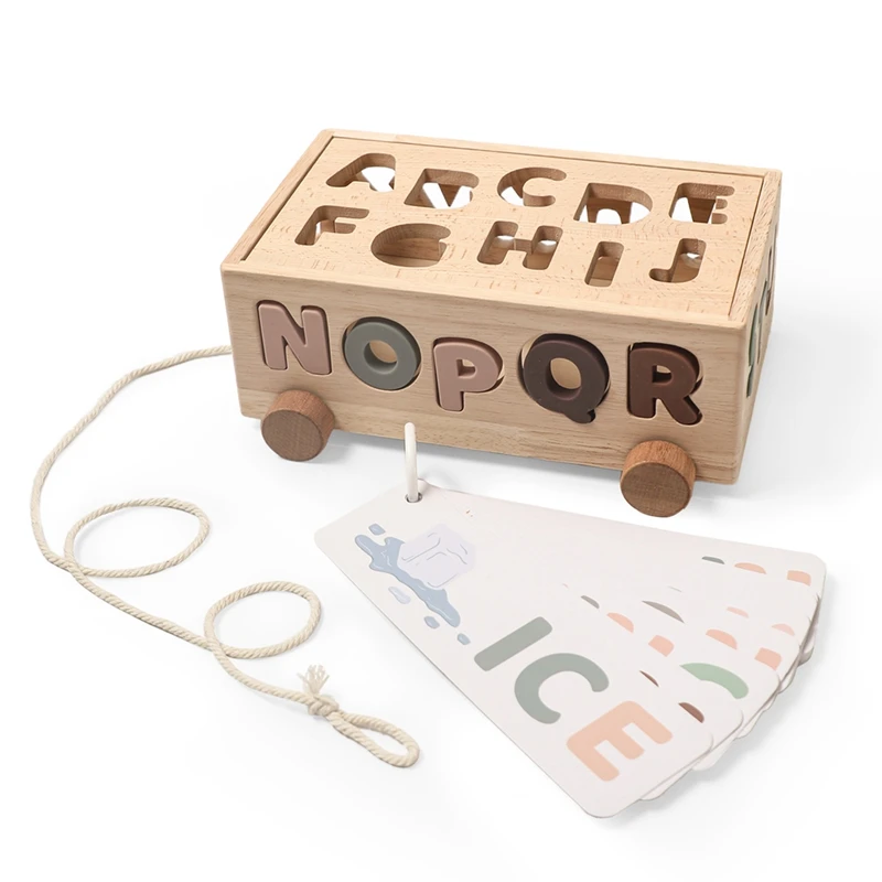 

Montessori Alphabet Sorter Silicone Wooden Pull Along Car 26 Letters Card Matching Blocks Box Kid Alphabet Kid Educational Toy