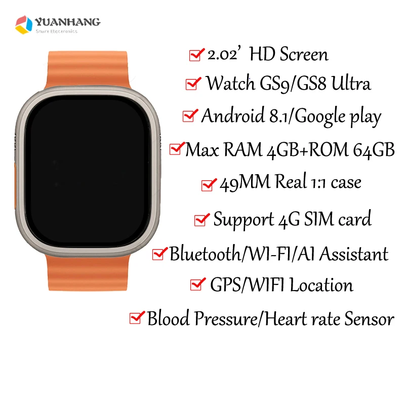 

GS9 Ultra 4G SIM Card Smart Dual Camera GPS Trace Locator Adult Student Heart Rate Smartwatch Voice Video SOS Call Phone Watch