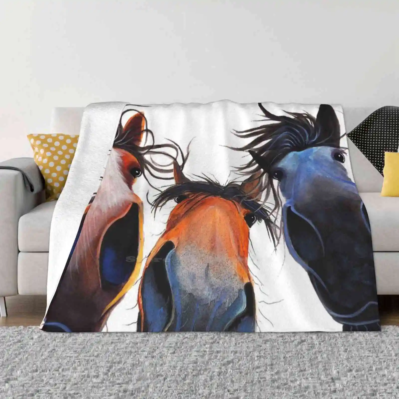 

Happy Horse Print ' Who Left The Gate Open  ' By Shirley Macarthur Creative Design Comfortable Warm Flannel Blanket Horse Art