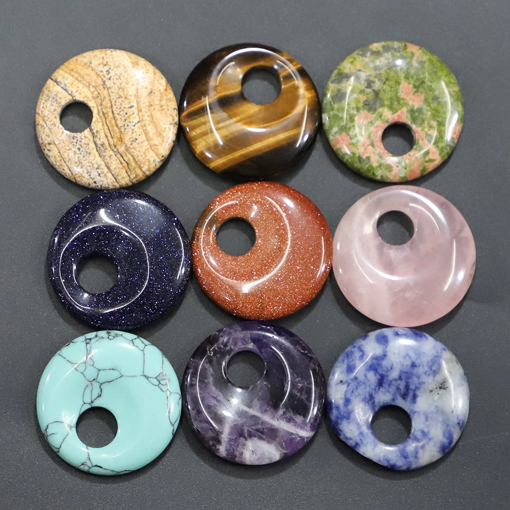 30MM Natural Stone Safety Button Pendant Partial Hole Quartz Crystal Epidote Opal Turquoises Charms Necklace Jewelry Making 6Pcs