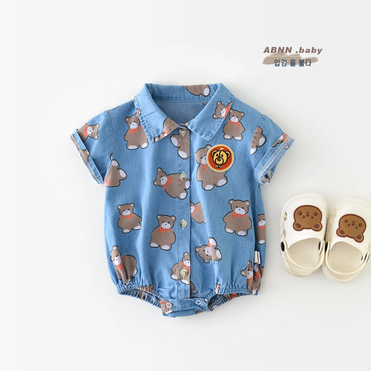 

Jenny&Dave Infant Short Sleeve Denim One Piece Creeper 2023 Summer Boys and Girls Thin Full Print Bear Triangle Romper Boys