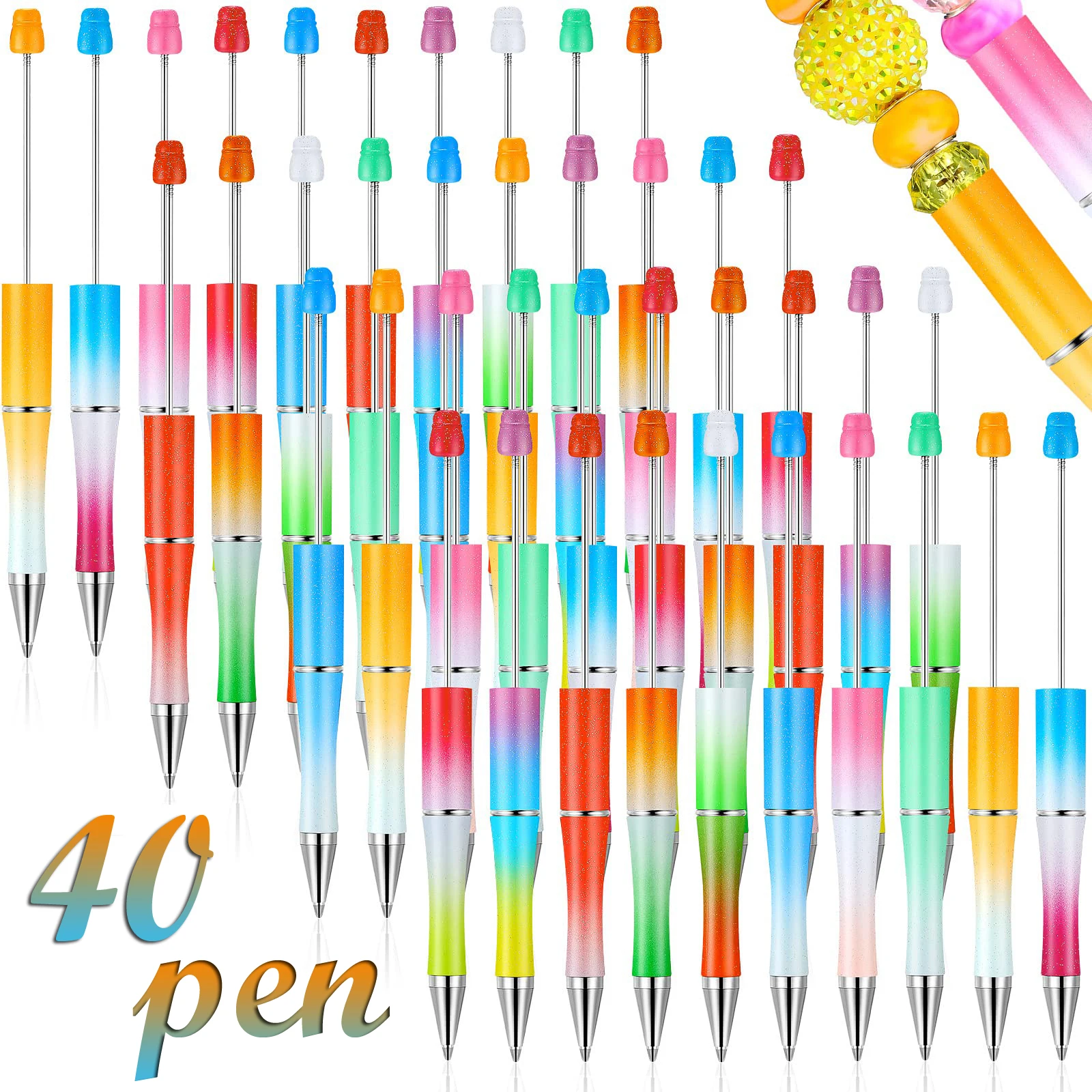 

40Pcs Gradient Bead Pens Plastic Beadable Pen Bead Ballpoint Pen Bead Pen Black Ink Rollerball Pens