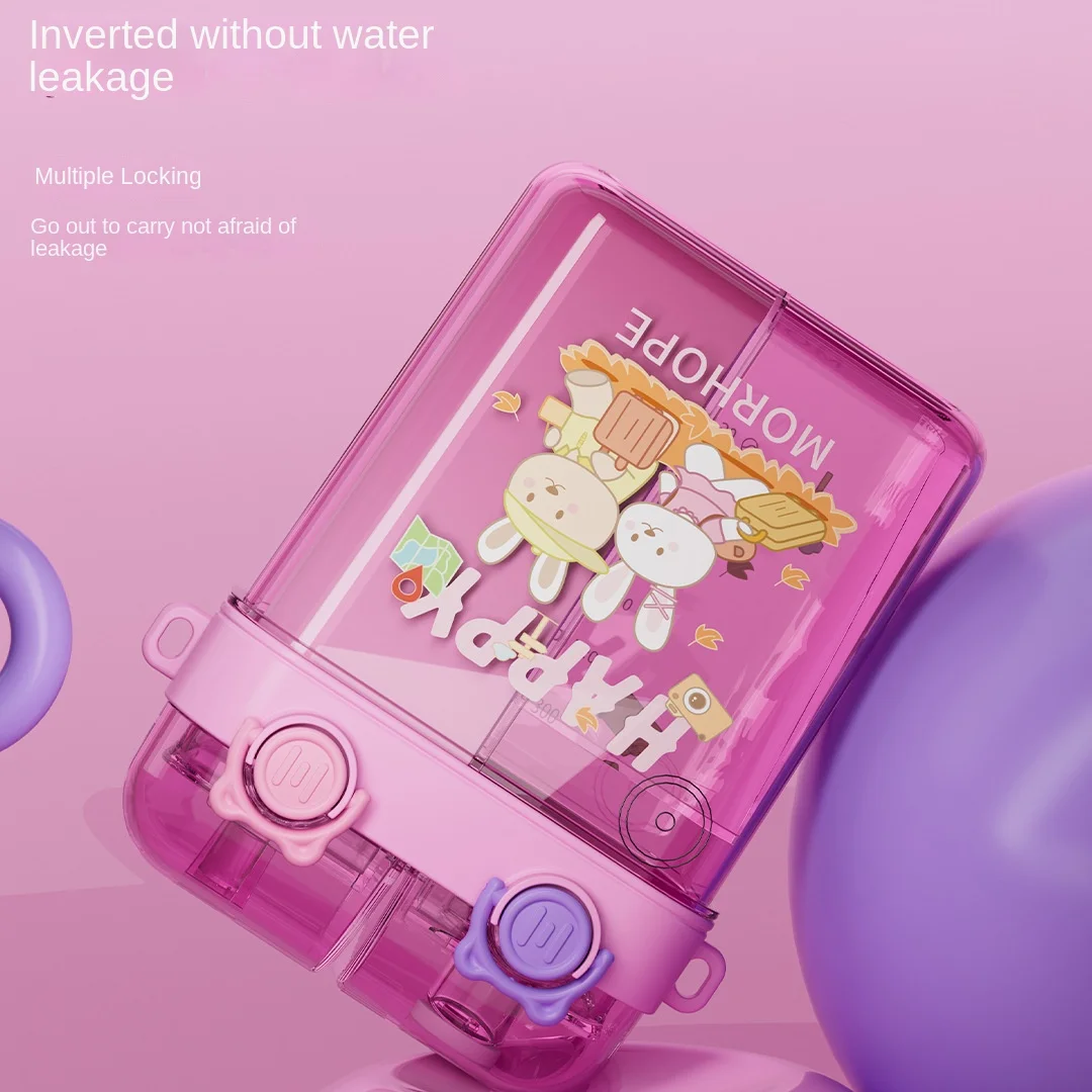 Children's Cute Cartoon Water Bottle with Double Straw - 2026 Summer Edition
