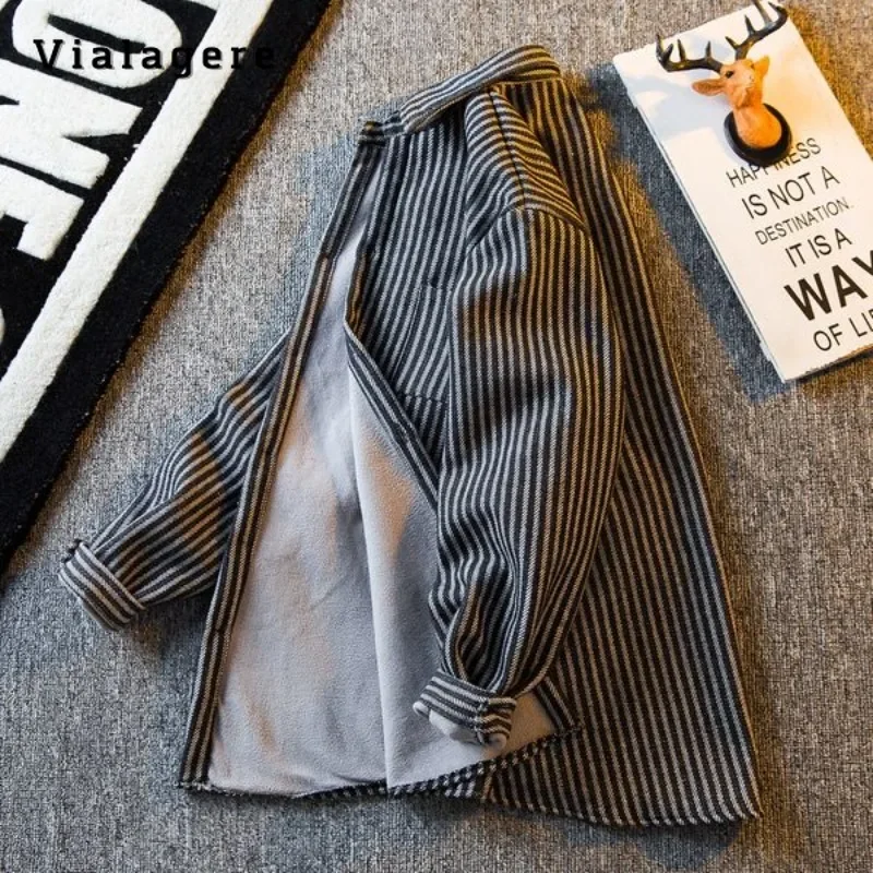 

2023 Winter Fashion Fleece Striped Design Loose Long Sleeve Shirt Women's Turn-Down Collar Single Breasted Casual Blouse