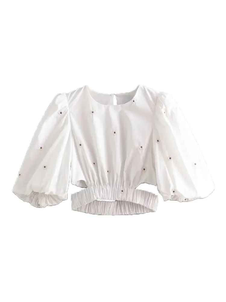 Nlzgmsj ZBZA 2022 Sweet Fashion Floral Embroidery Cropped Blouses Vintage Puff Sleeve Hollow Out Female Shirts Chic Tops 202203 |