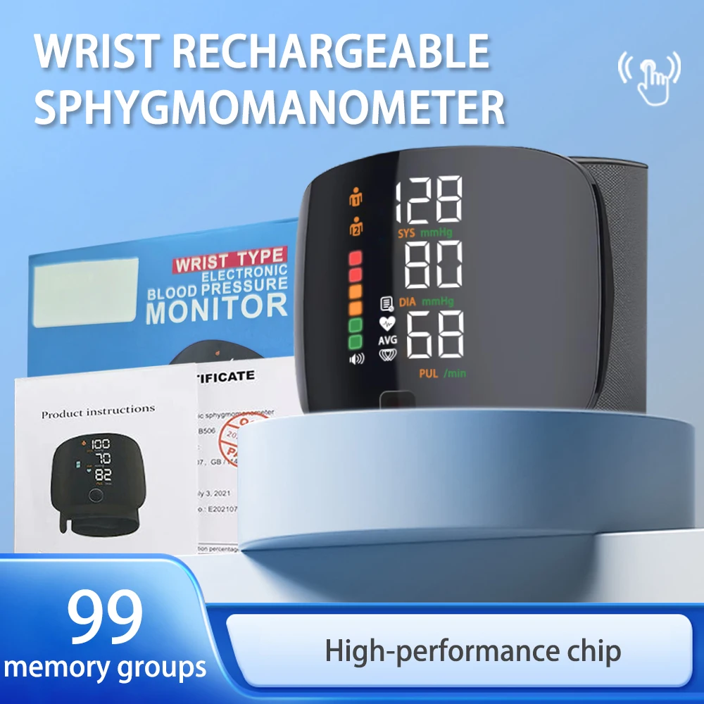 Touch LCD Screen Digital Wrist Blood Pressure Monitor Smart Voice Chargeable Automatic Tonometer Heart Rate Sphygmomanometer