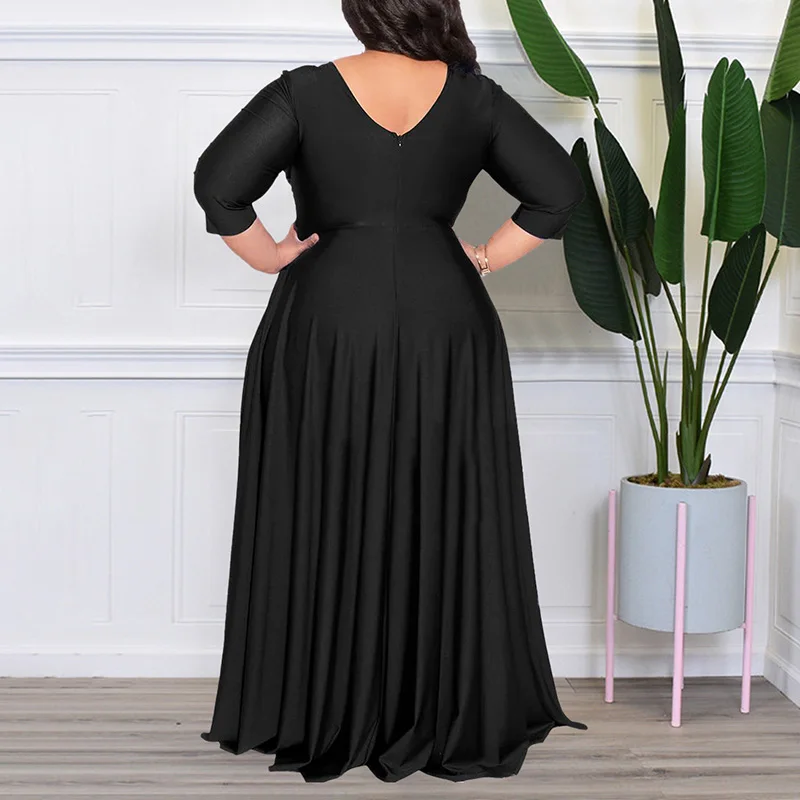 Evening Party Sexy Solid Color V-Neck High Waist Three Quarter Sleeve Pullover Maxi Princess Dress Plus Size Women's Clothing