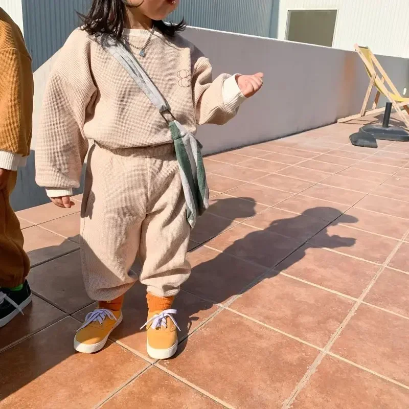 Autumn Baby Clothes Set Kids Clothes Girls Boys 2 Pcs Suit Waffle Kids Sports Sweatshirt Solid Color Casual Two Piece Set kids clothing set kids sports suit boys clothing set children sports suit kids sweatshirt set
