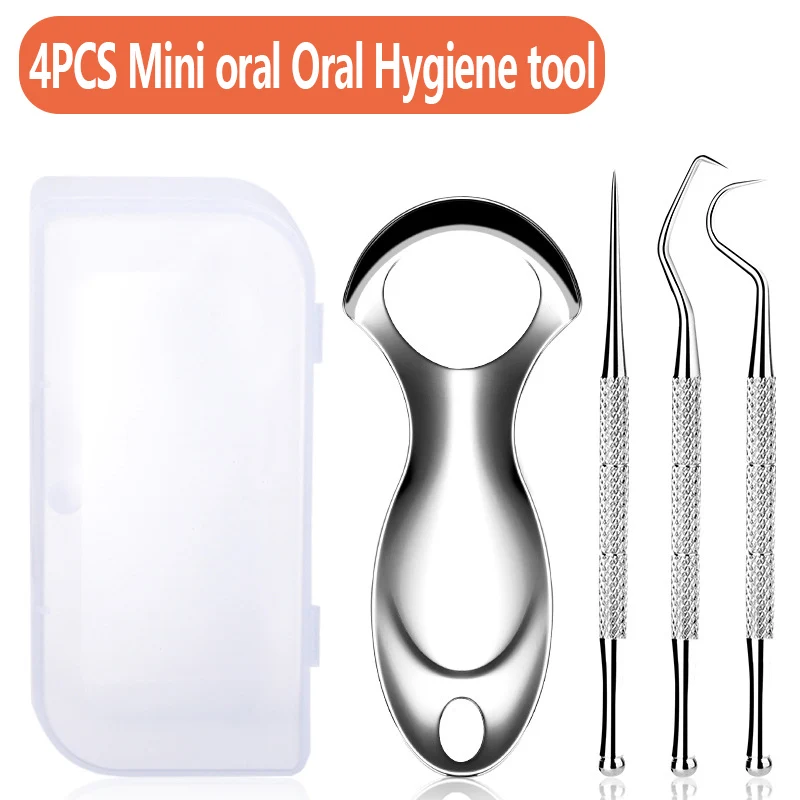 Mini Stainless Steel Tongue Scraper Toothpick Set Tongue Coating Teeth Cleaning Bad Breath Removal Oral Hygiene Cleaning