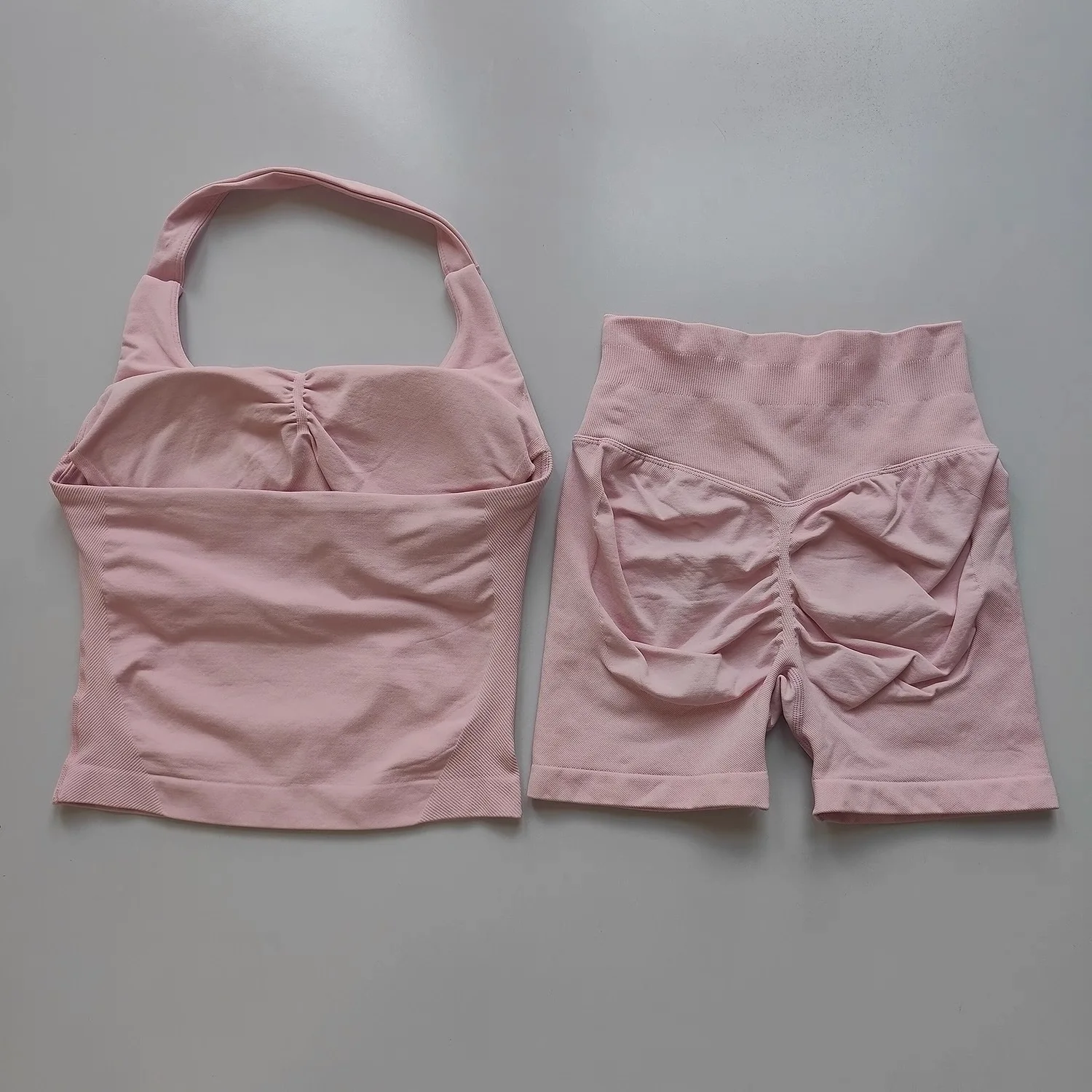 2PCs Peach High Waist Belly Hip Lifting Sports Bras Shorts Suit Gathering Shock-proof Neck Halter Yoga Suit Running Fitness Set