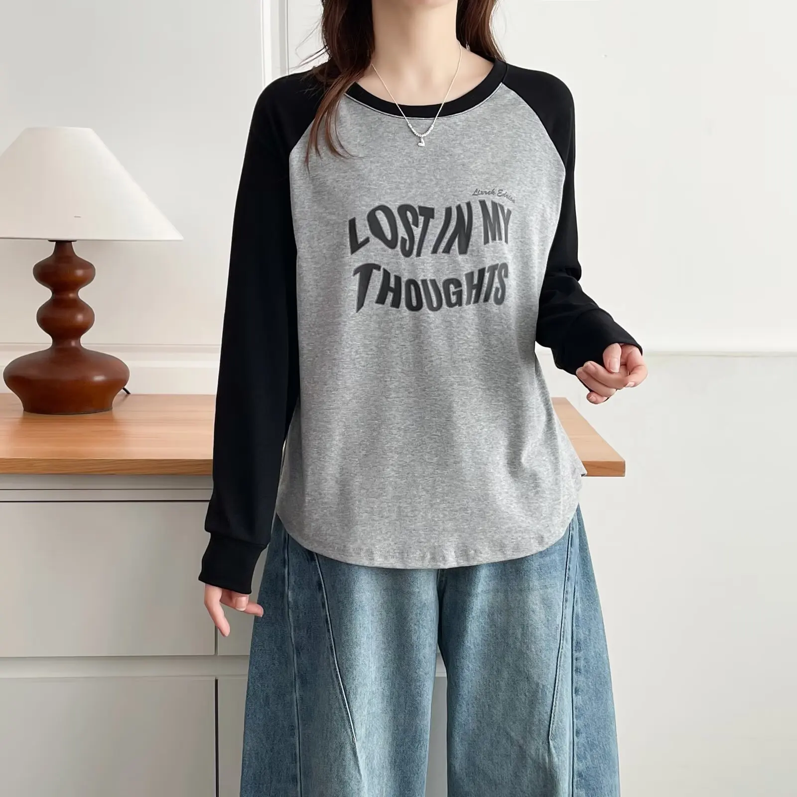 Fashion Plus Size Women's T-Shirt Autumn New Style Casual Color Blocked Printed Letter Long Sleeved Tops 7033