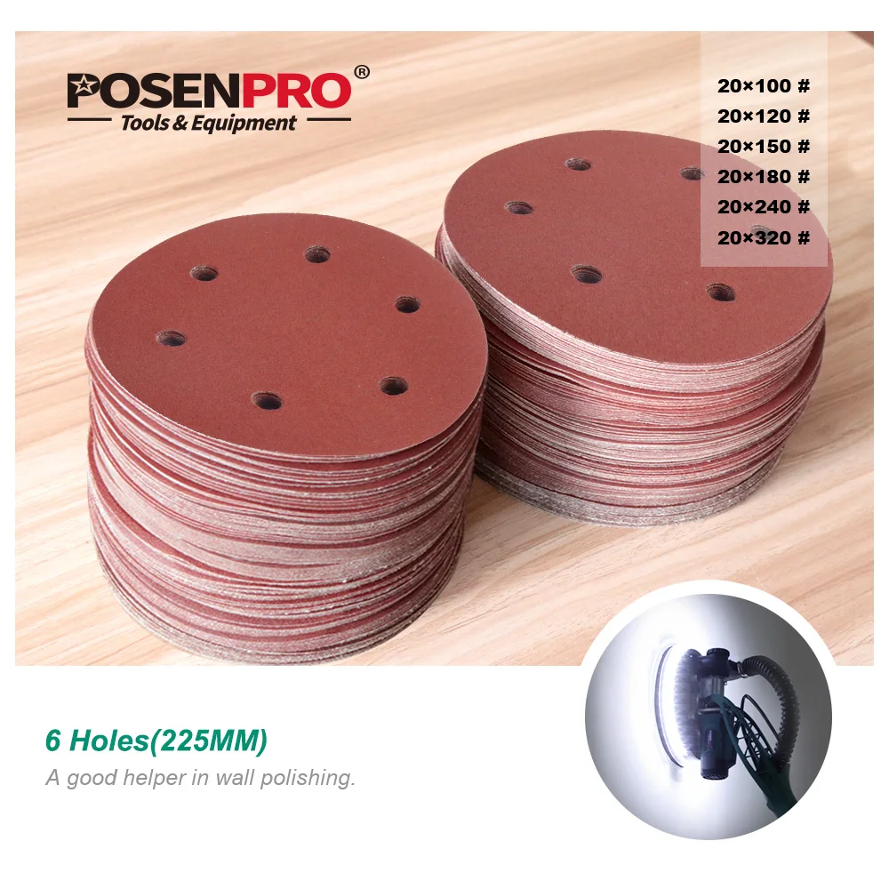 POSENPRO sanding disc sandpaper set 30pcs, 180mm 225mm, 8 holes 6 holes, hook sanding disc for electric drywall sander polisher, 100 120 150 180 240 320 grit, 5pcs per grit