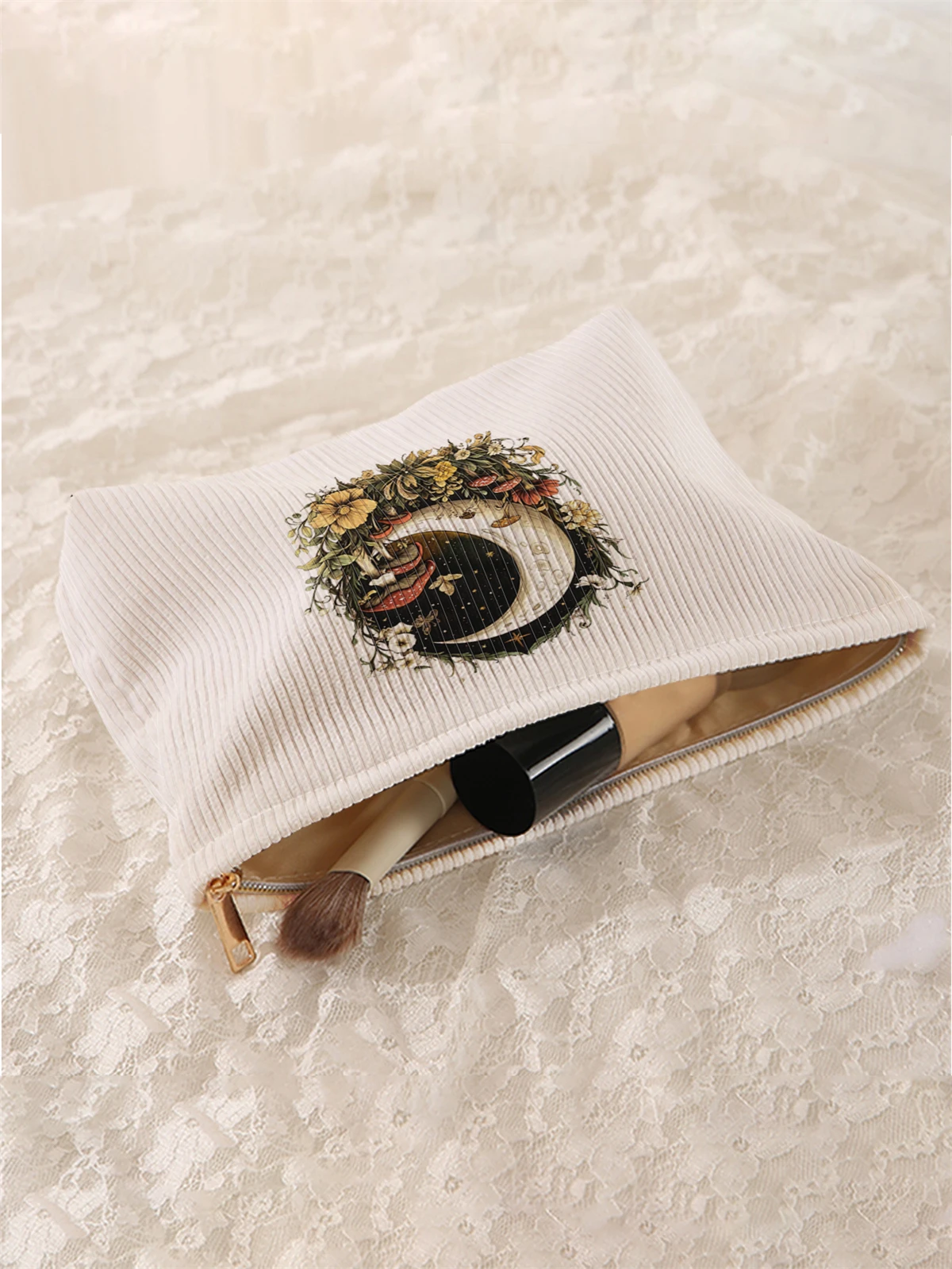 1 piece of moon patterned printed corduroy makeup bag, lightweight zipper makeup storage box, multifunctional bag with lining