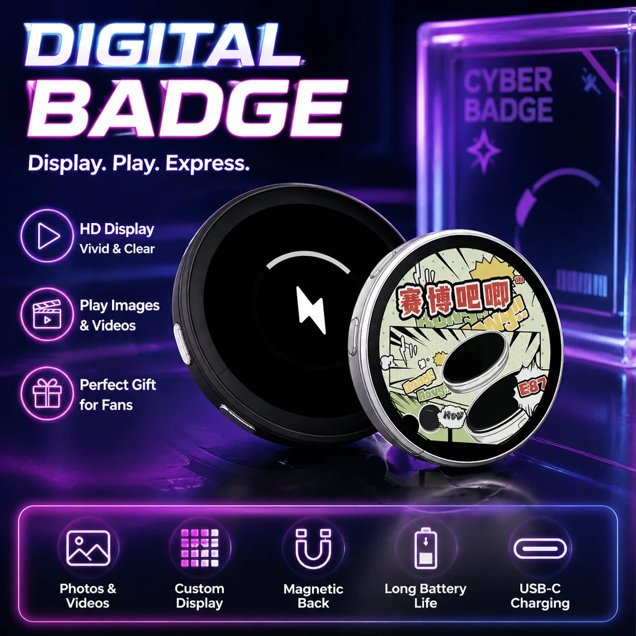 Anime E-Abzeichen-Anzeigepin 1,7 Zoll Touchscreen LED-Taste Touchscreen-Fotorahmen mit Videowiedergabe Dropshipping