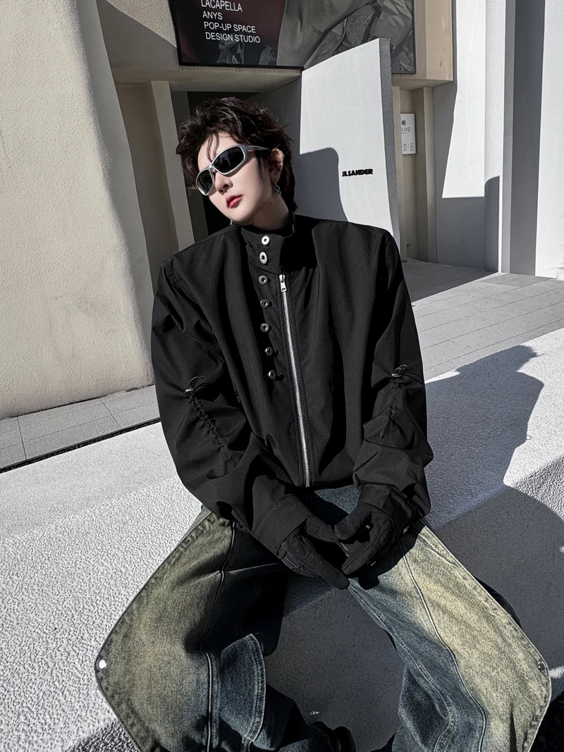 2024 Spring Fashionable New Retro Stand Collar Jacket Men's Drawstring Button Decoration Handsome Male Long Sleeve Jackets