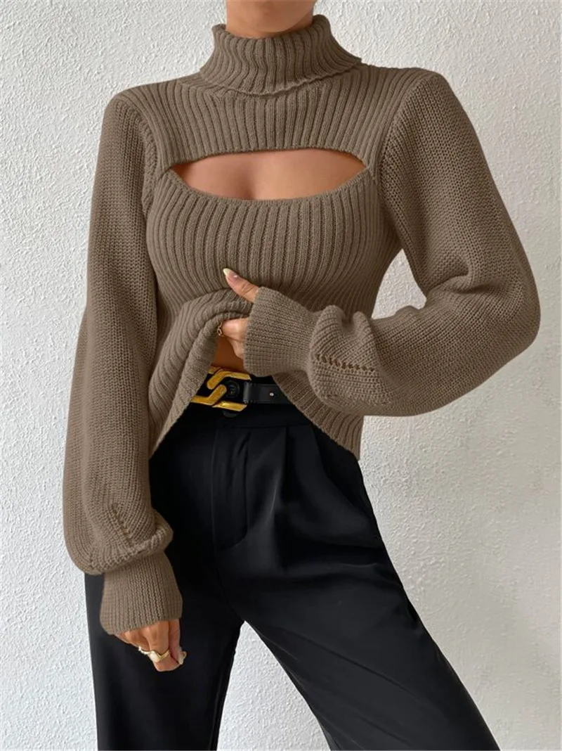 Hollow Out Knit Sweater Pullover For Women Turtleneck Fashion Ribbed High Street Long Sleeve Knitwear Loose Sweater Female