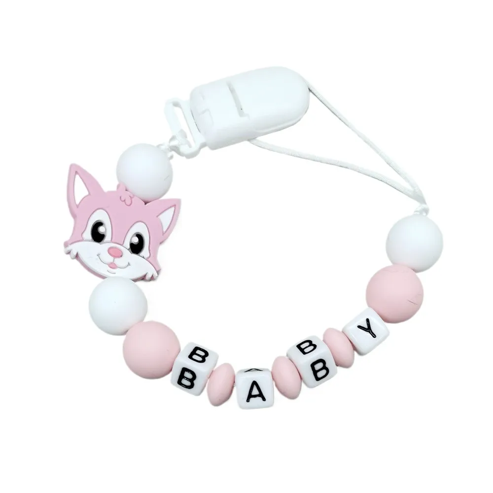Gray White Baby Pacifier Leash with Silicone Animal Focal Beads Personalized Name Baby Accessory