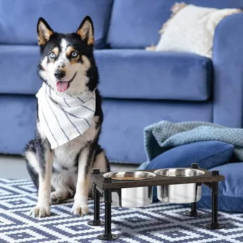 Raised Dog Bowl Stand for Large Dogs | 2 Stainless Bowls & Waterproof Wood Base | Rustic Brown & Durable 5