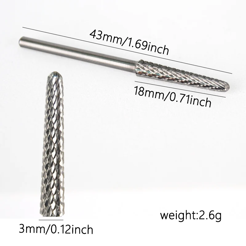 Brocas largas de carburo de tungsteno para uñas, cabezal de molienda giratorio, fresas de manicura, accesorios para uñas, forma cónica, 18mm