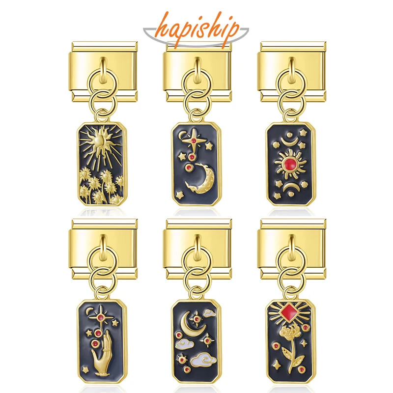 Hapiship 2024 Moda Donna Rettangolare Tarocchi Cielo Stellato Charm Links Fit 9Mm Bracciale In Acciaio Inossidabile Gioielli Fai Da Te Dj1098
