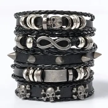 5pcs Metal Diy Braided Punk Style Bracelet Set, Featuring Pu Leather And Beads