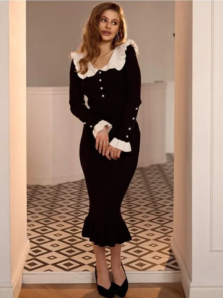 

Ruffled Patchwork Knit Maxi Dress For Women Elegant Ribbed Long Sleeve Party Dress Gown Slim Knitwear Fashion Long Dress