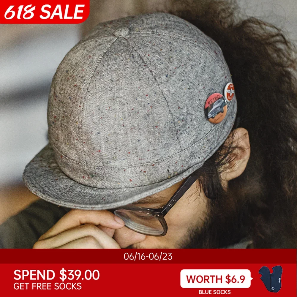 

Maden Retro Blended Colorful Dot Yarn Fabric Short Brim Hat Gray with Two Badges Flip Hat for Men And Women Daily OOTD Cap