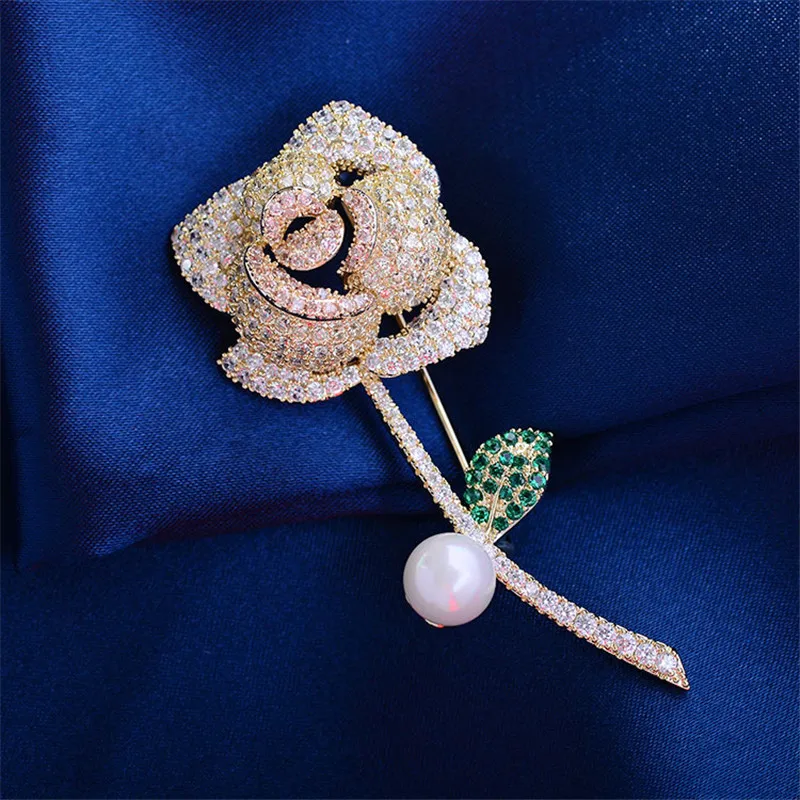 Micro Pave Cubic Zirconia Romantic Sweet Rose Flower Corsage Jewelry For Women Brand Design Luxury Wedding Party Brooches Pins