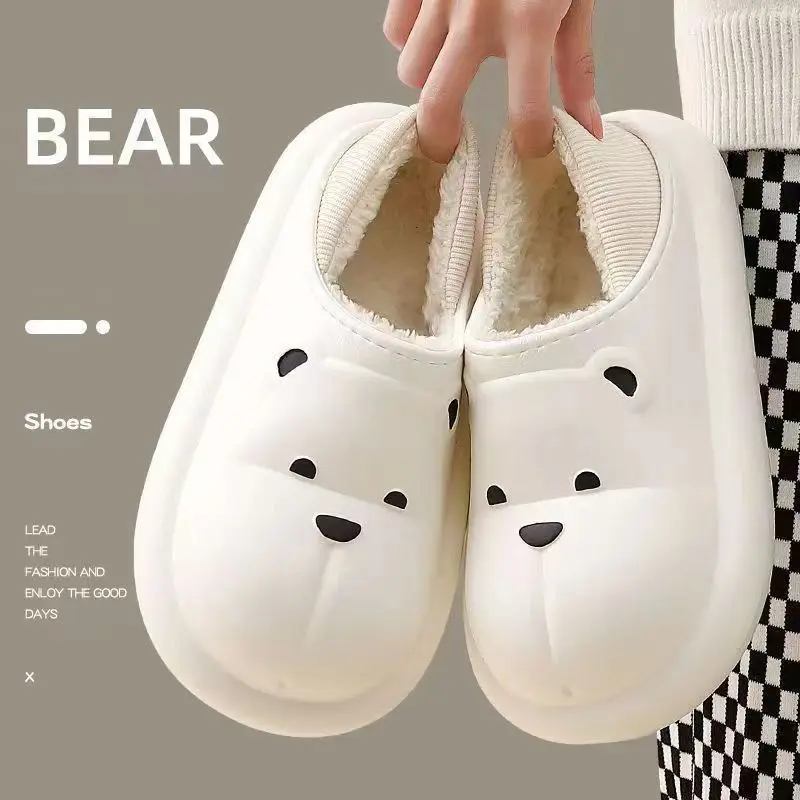 Waterproof Cotton Slippers For Women Autumn Winter 2023 Bear Indoor Home With Fleece Wrap Heel Thick Sole Warm Cotton Shoes