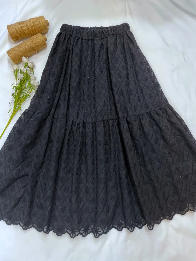 black pleated skirt Spring Summer Women Cotton Linen Skirt Japanese Style Mori Girl Elastic Waist Embroidery Solid Color Skirt satin skirt Skirts