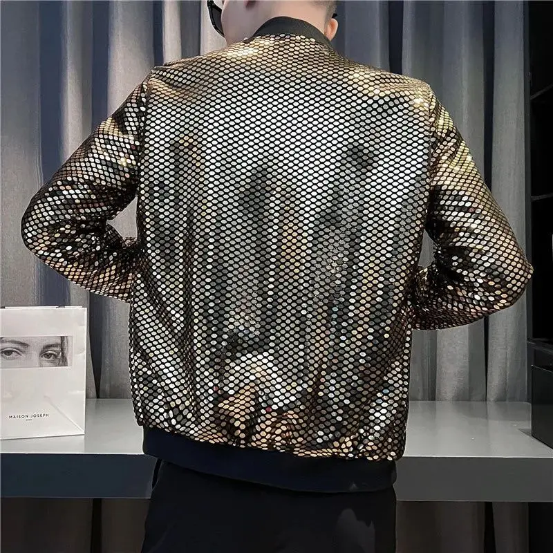 Elegant Fashion Harajuku Slim Fit Male Clothes Loose Casual All Match Outerwear O Neck Sequins Thin Style Long Sleeve Jacket
