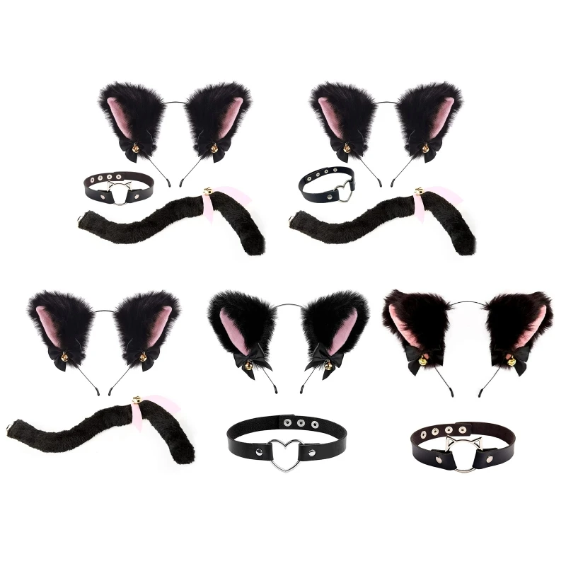 

Y166 Adult Animal Costume for Cat Ears Headband Tail Leather Choker 2/3 pcs Set