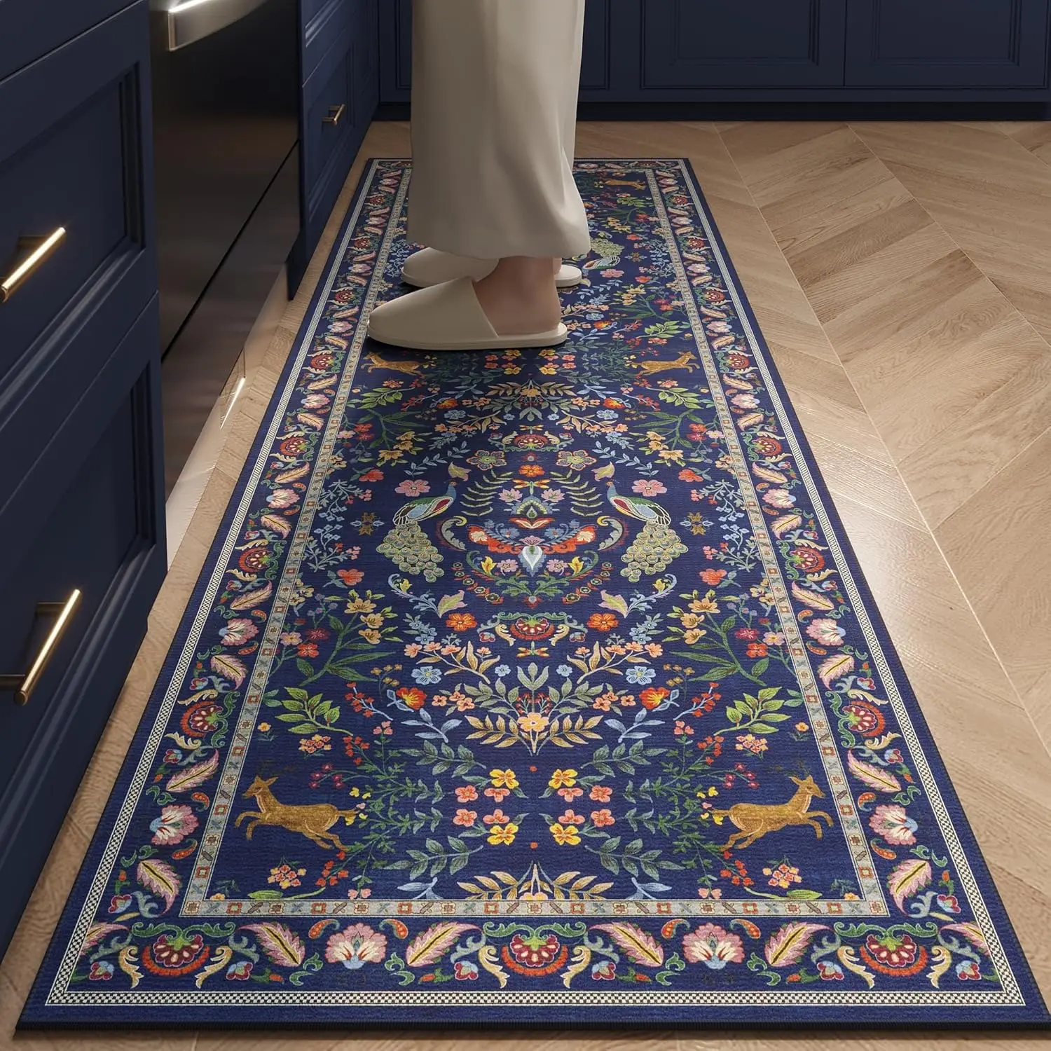 VIKAMA Vintage-Teppich mit Ethno-Blumen- und Vogelmuster, langlebig, rutschfest, für Küche, Flur, Flur, Bettvorleger, für Schlafzimmer, Heimdekoration – Detail 1