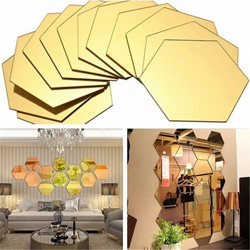Hexagon Acrylic Mirror Wall Stickers Self-adhesive Removable 3D Mirror Decals Art Wall Decals for DIY Home Bedroom Decoration
