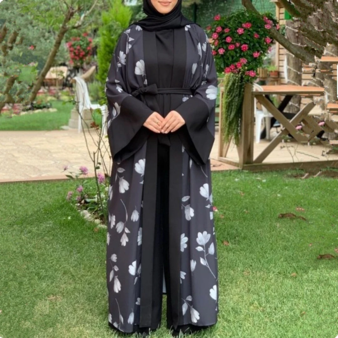 Ramadan Eid Abaya Kimono Matching Jumpsuit Muslim Sets Hijab Dress Turkey Linen Open Abayas for Women