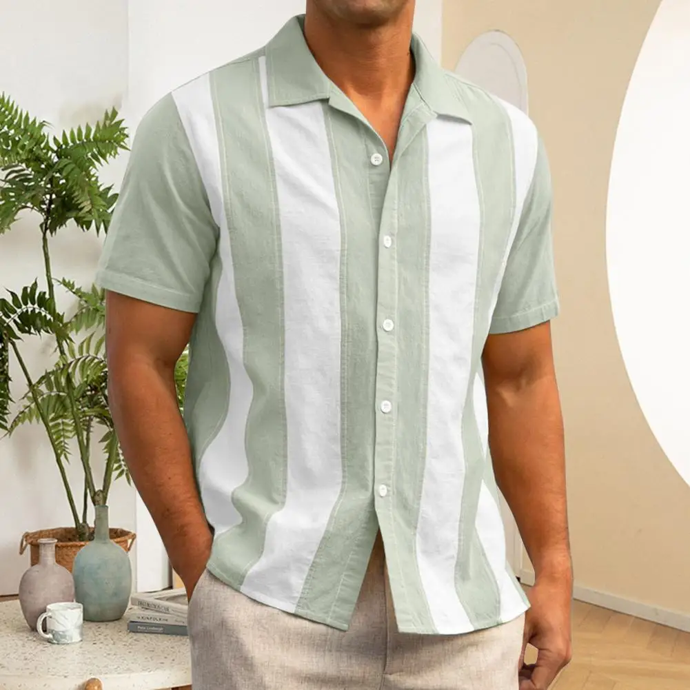 Summer Men's Shirt Vintage Striped Print Patchwork Lapel Single Breasted Loose Short Sleeve Everyday Top