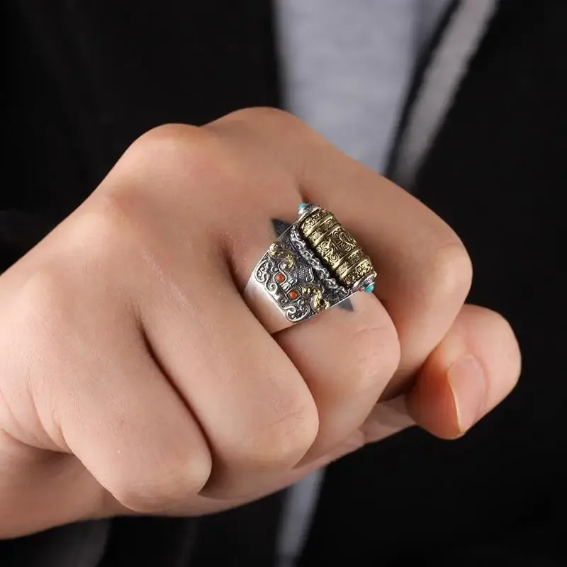 QN Lucky Spell Pure Silver Men's Rotatable Ring Trendy Retro Color
