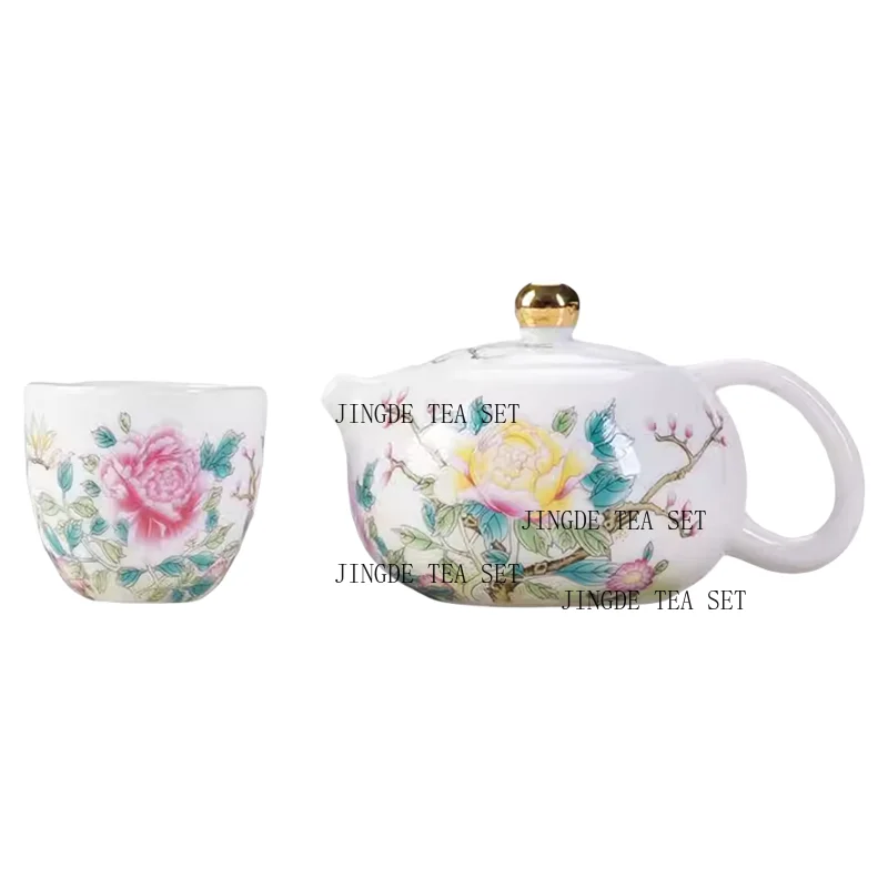 1 set of 3 Dehua ceramic peonies sheep fat jade porcelain gilded roasted flowers Chinese style Xishi teapot