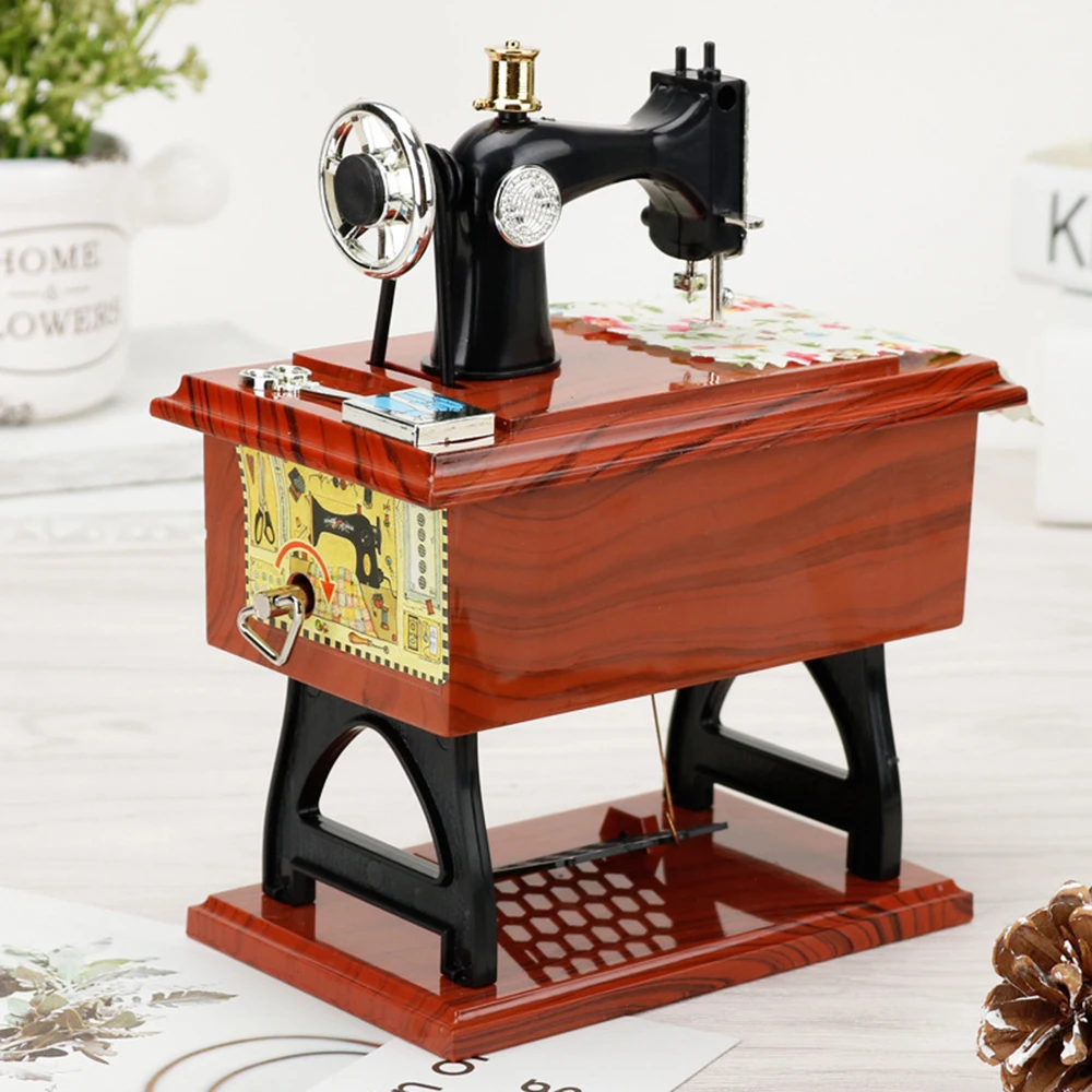

Creative Vintage Music Box Mini Sewing Machine European Crafts Retro Clockwork Style Mechanical Table Home Decor Birthday Gift